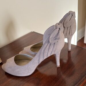 Kelly & Katie Taupe Suede Heels with Bow Detail